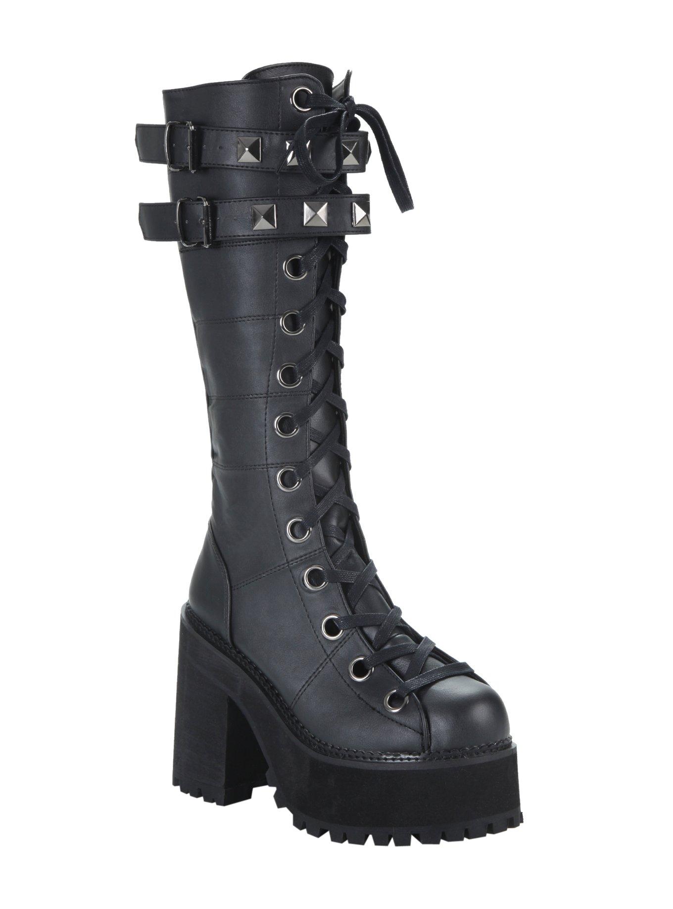 Demonia By Pleaser Assault Stud Strap Platform Boots, BLACK, hi-res