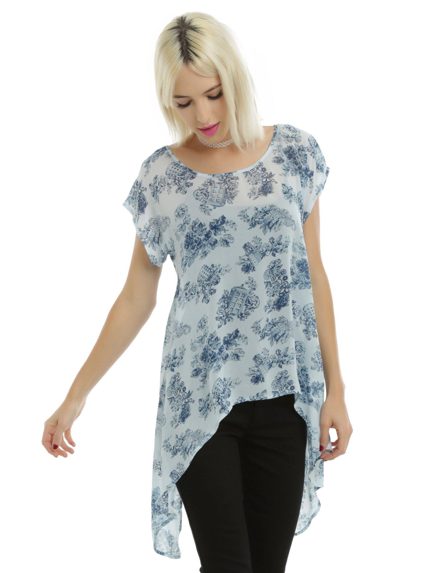 Doctor Who Floral TARDIS Girls Chiffon Top, BLUE, hi-res