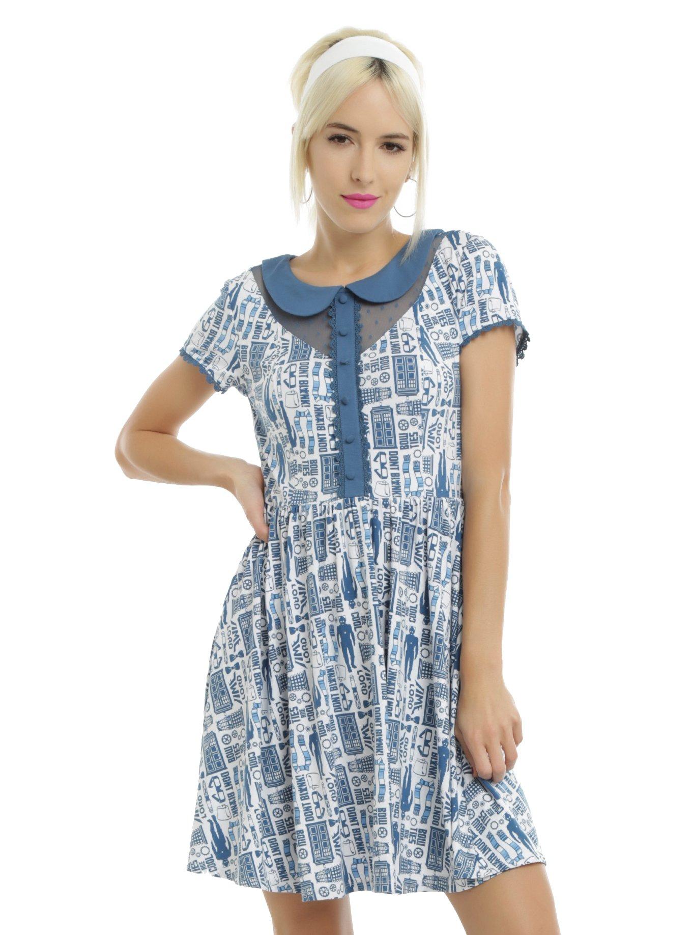 Doctor Who TARDIS Print Peter Pan Collar Dress, BLUE, hi-res