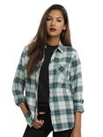 Grey & Teal Plaid Girls Woven Button-Up, BLUE, hi-res