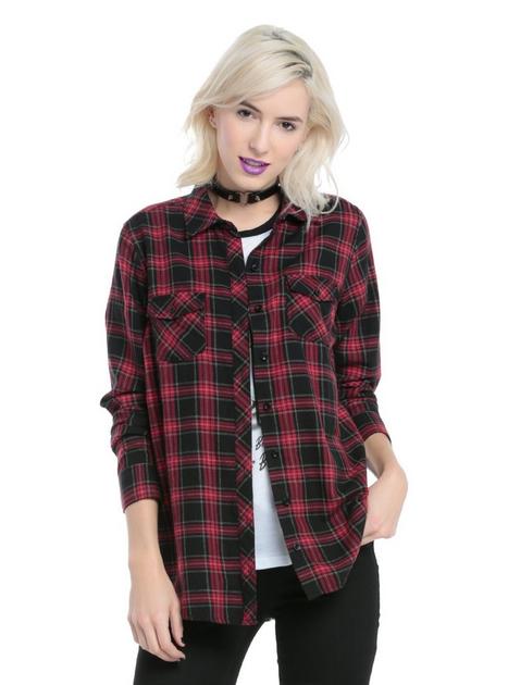 Red & Black Plaid Lace Girls Woven Button-Up | Hot Topic