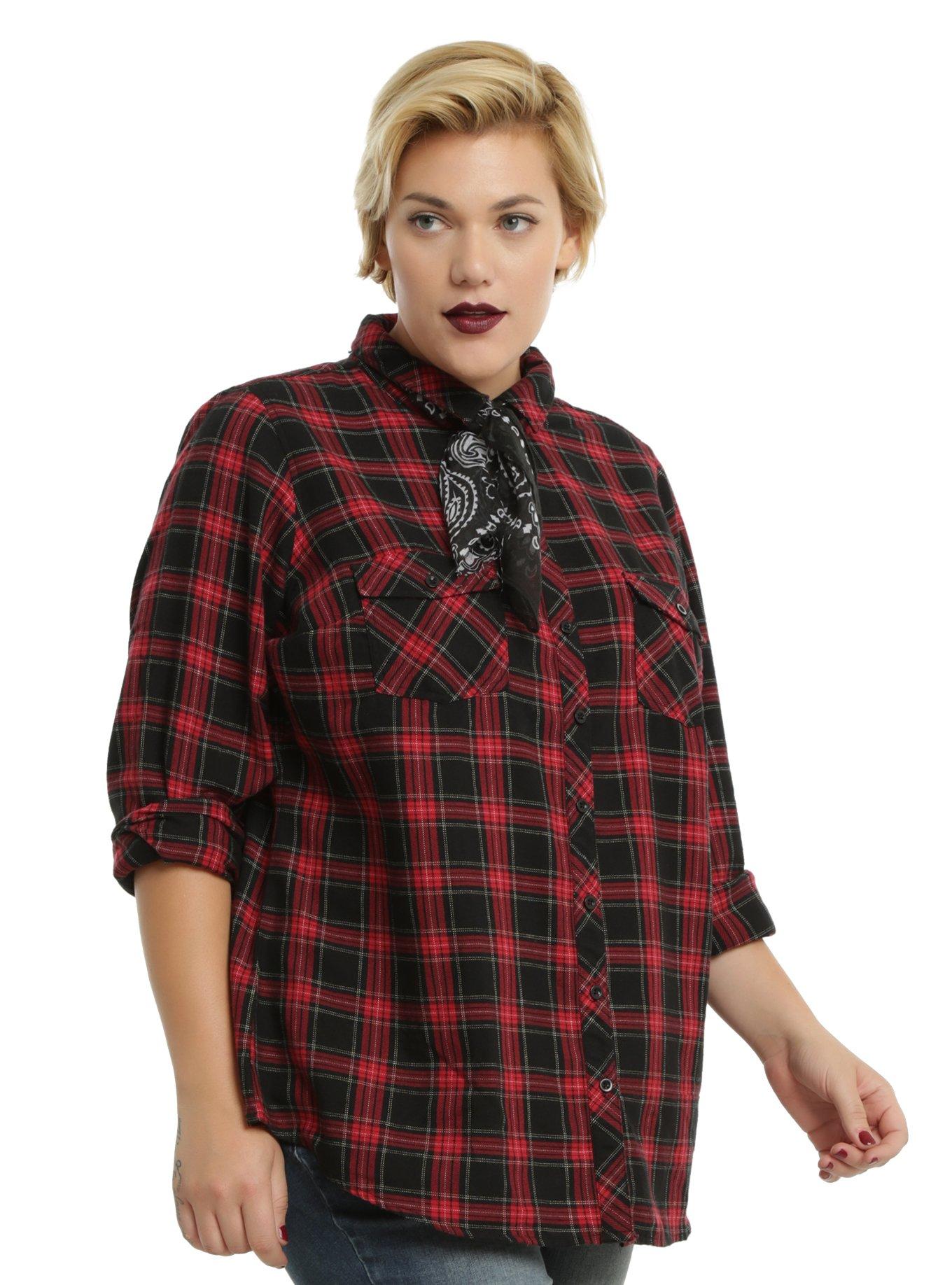 Red & Black Plaid Lace Girls Woven Button-Up Plus Size, RED, hi-res