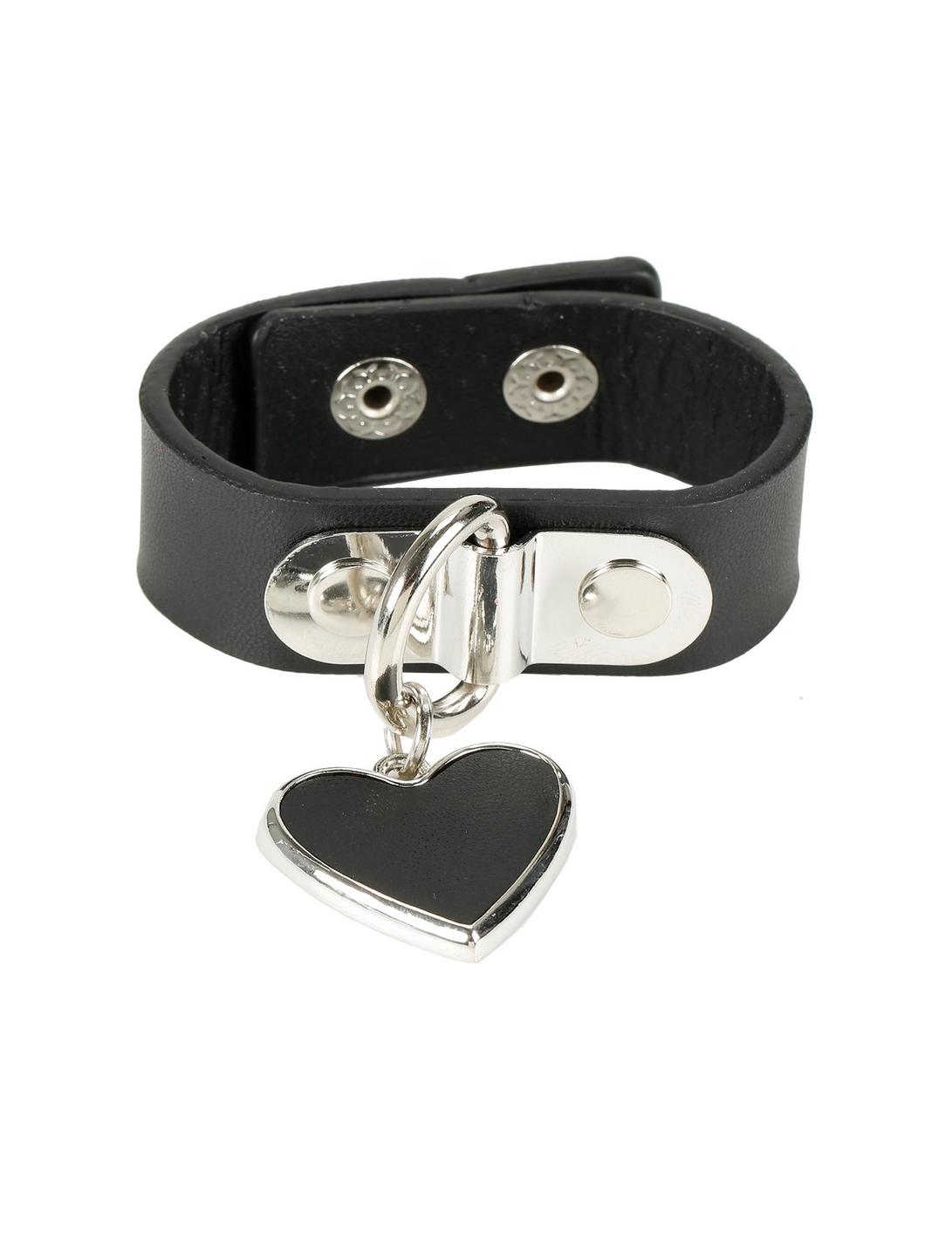 Black Heart Charm D-Ring Faux Leather Cuff Bracelet, , hi-res