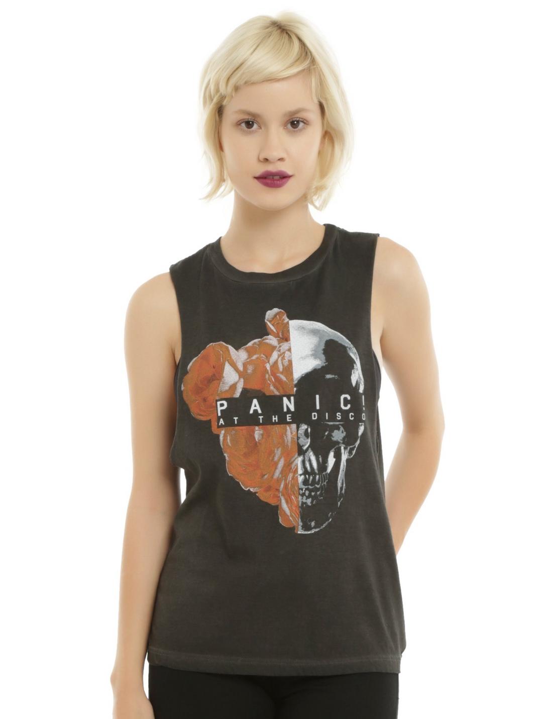Panic! At The Disco Flower Skull Girls Muscle Top, BLACK, hi-res