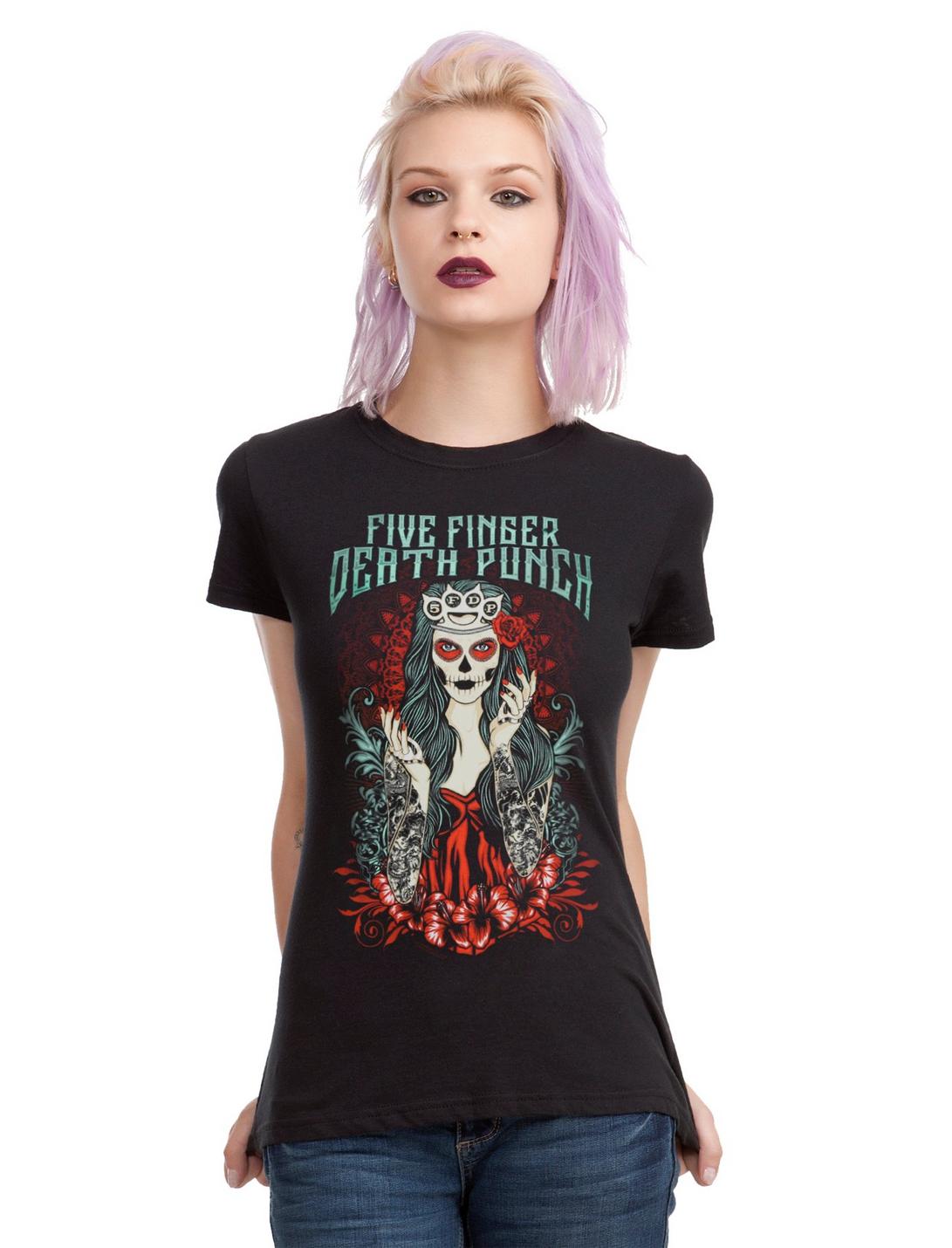 Five Finger Death Punch Skeleton Lady Girls T-Shirt, BLACK, hi-res