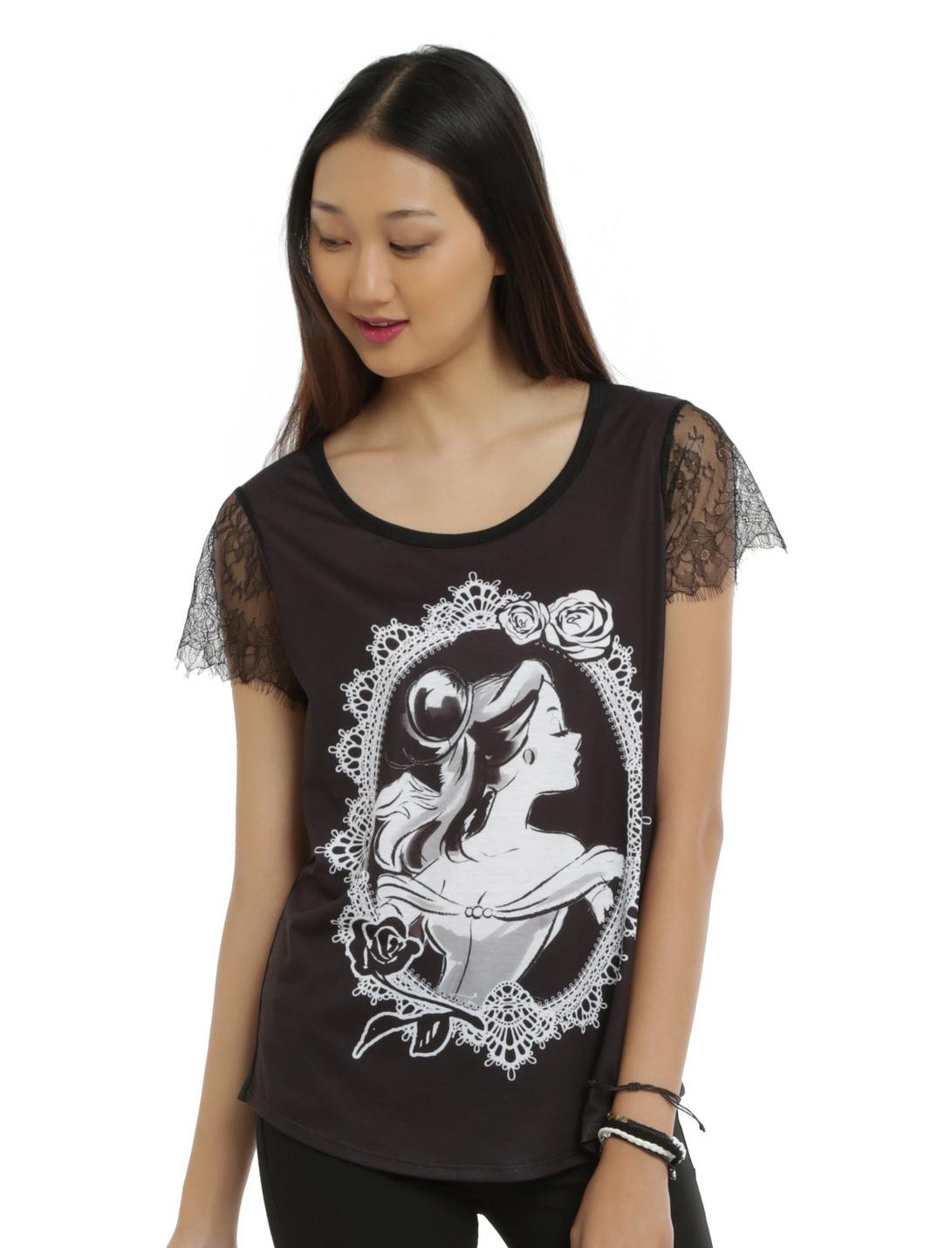 Disney Beauty And The Beast Belle Lace Sleeve Girls T-Shirt, BLACK, hi-res