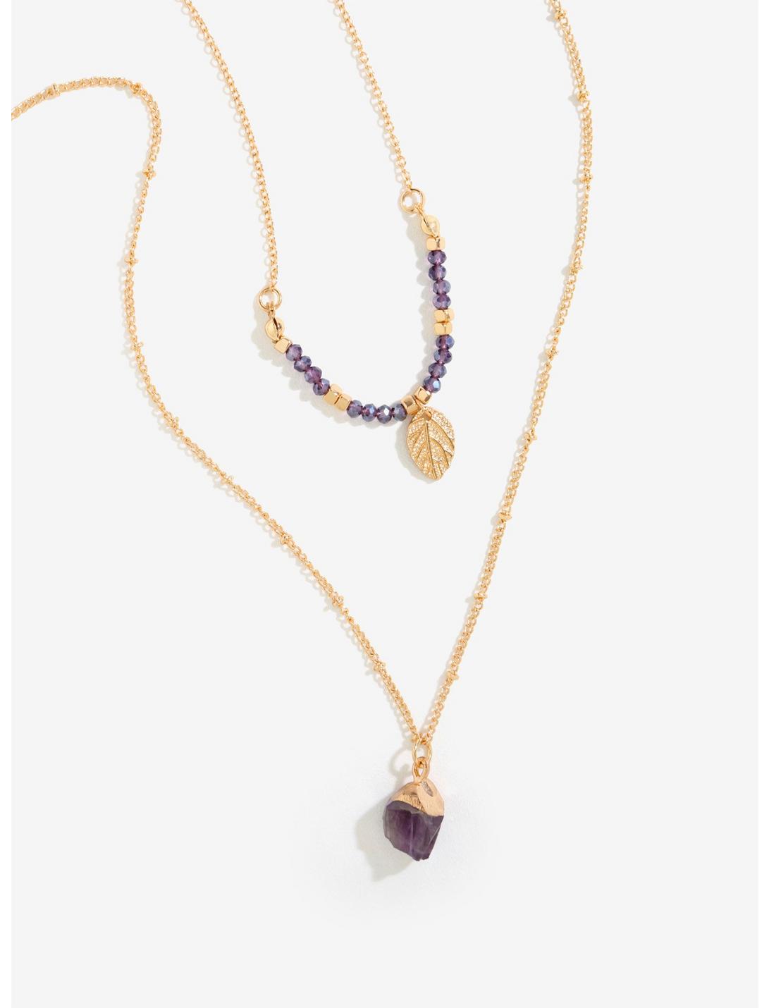 Gold Layer Bead Leaf And Stone Double Necklace, , hi-res