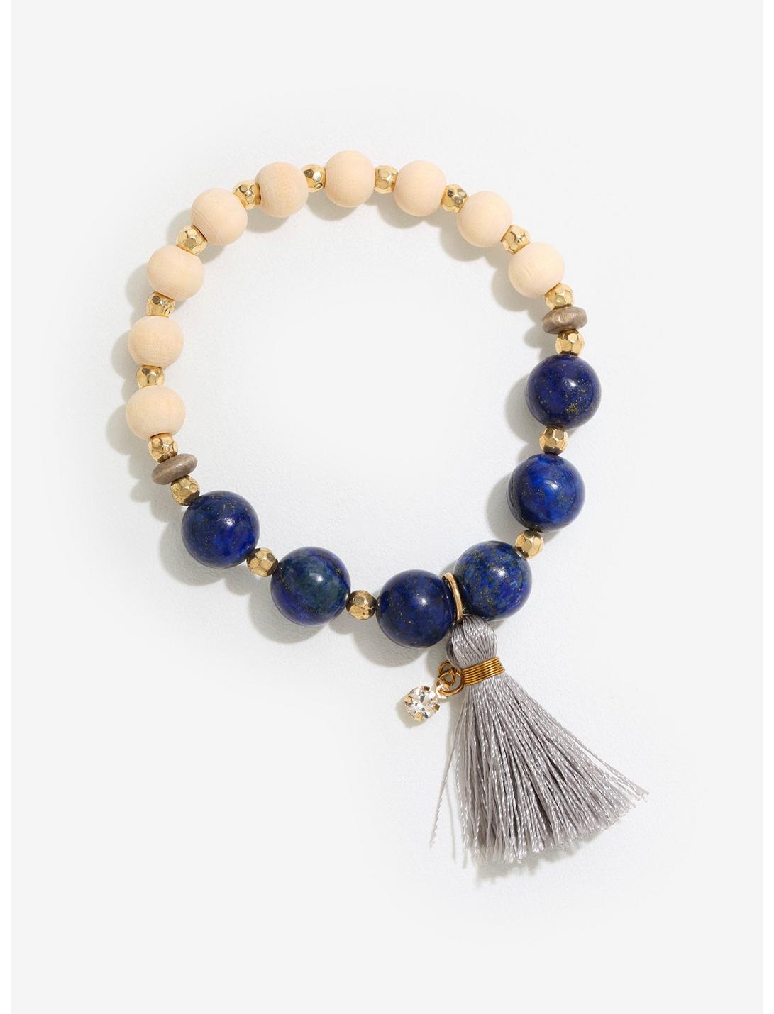 Wood And Dark Blue Bead Tassel Bracelet, , hi-res