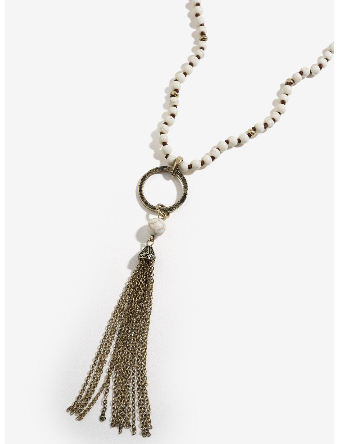 Gold White Chain Tassel Necklace, , hi-res