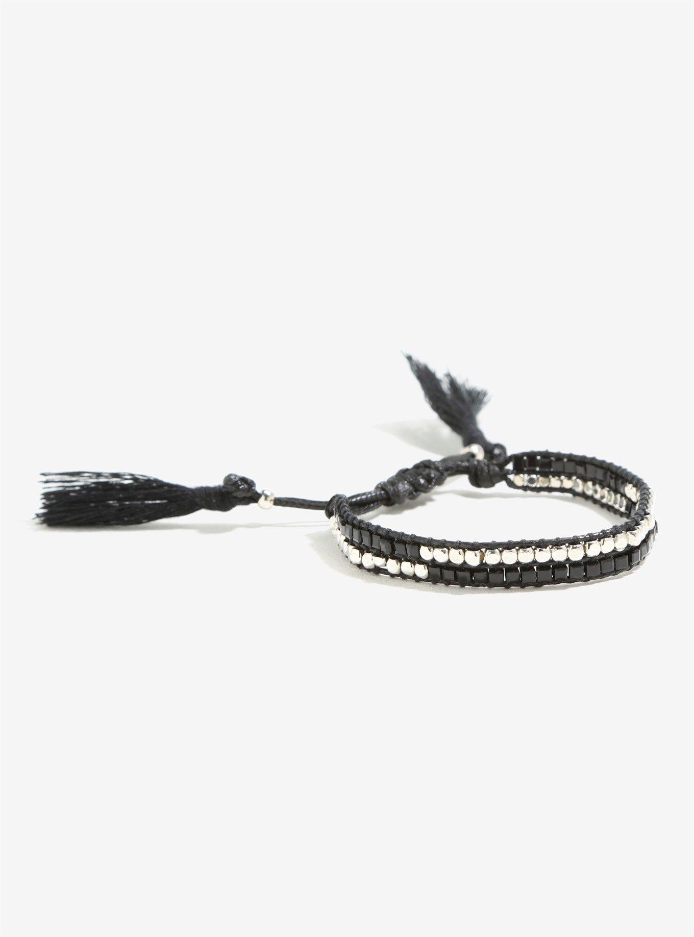 Black And Silver Adjustable Tassel Bracelet, , hi-res