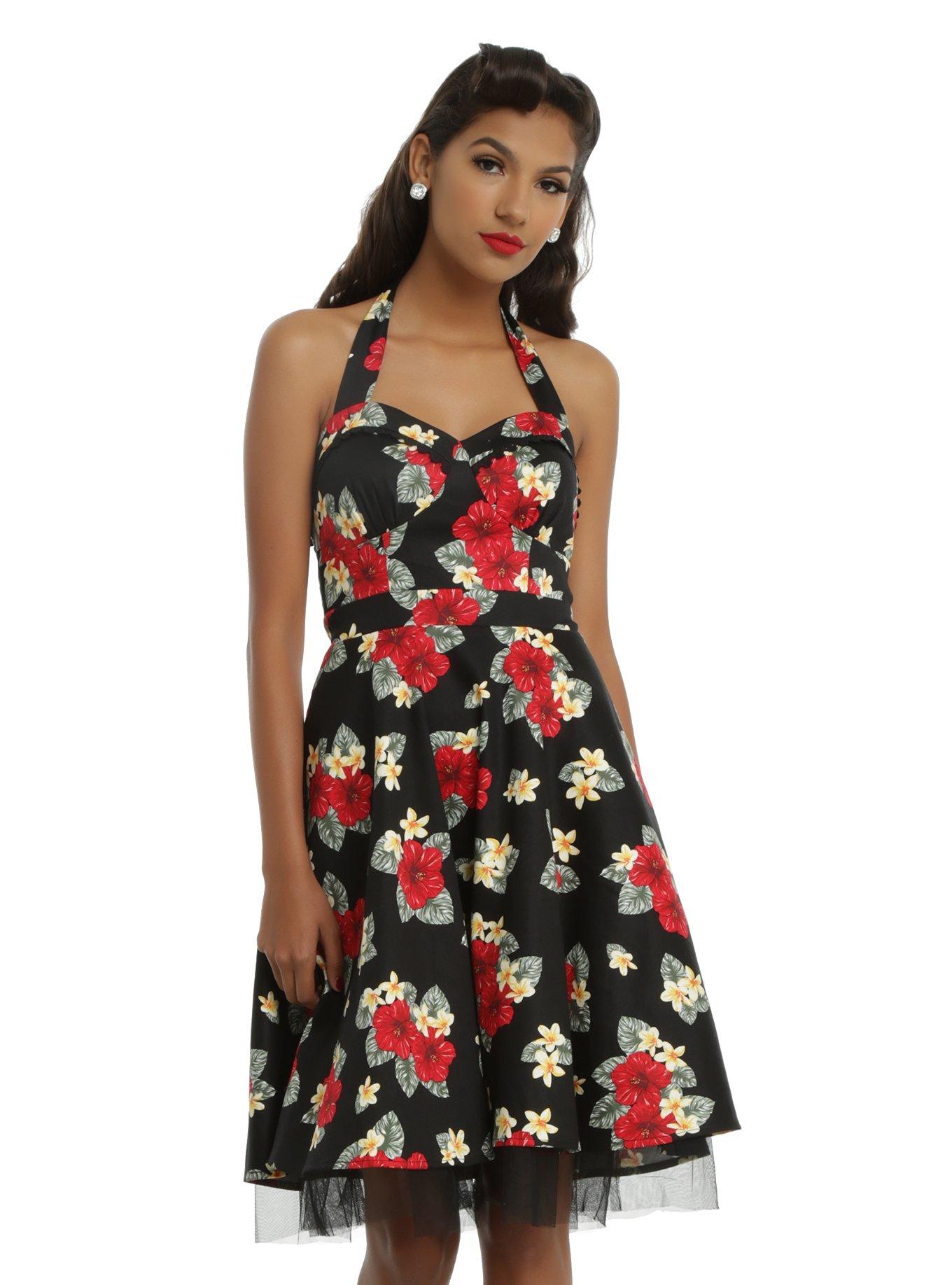 Black Hibiscus Flower Halter Swing Dress, FLORAL, hi-res