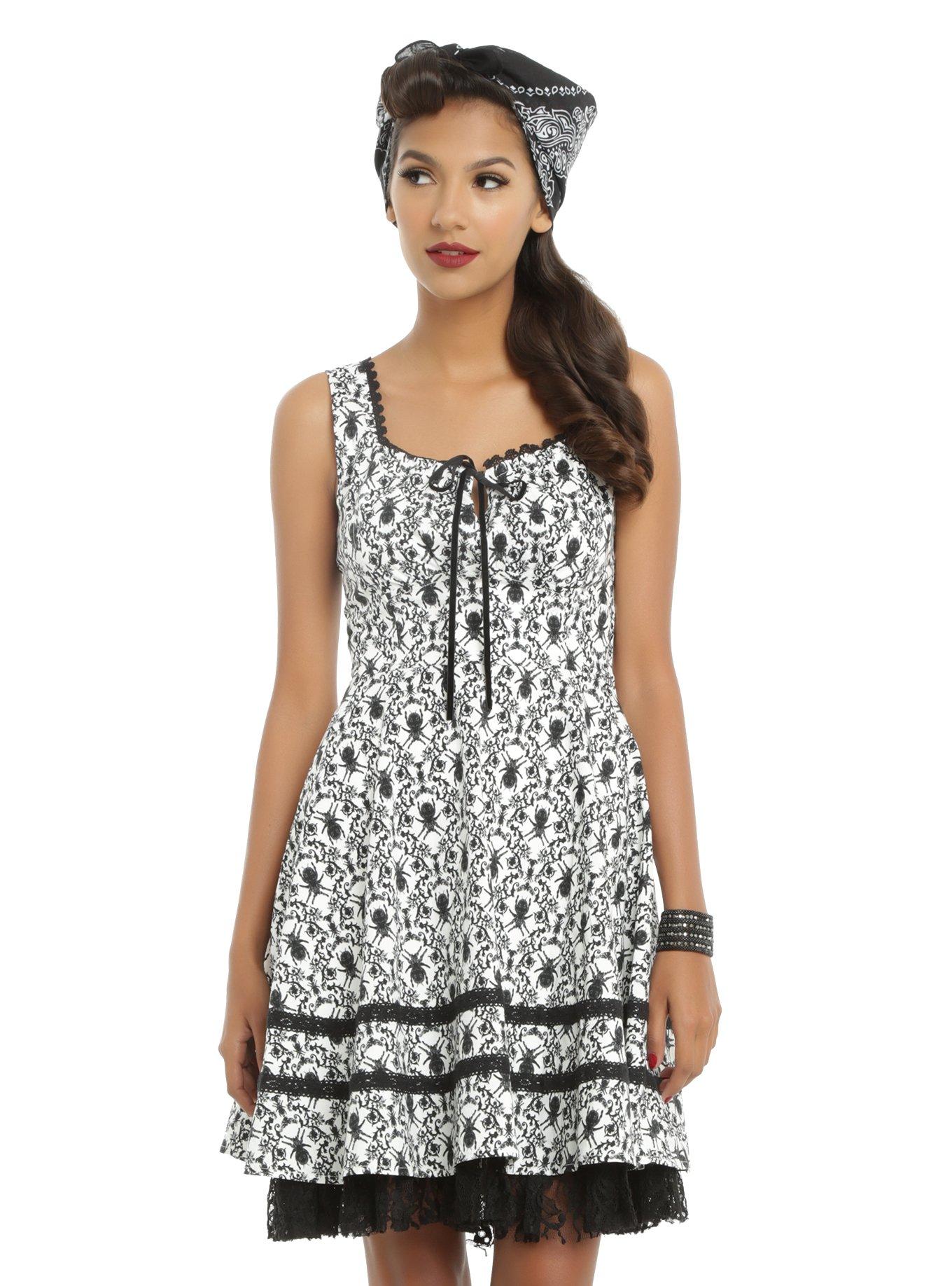 Black & White Spider Damask Dress, FLORAL, hi-res