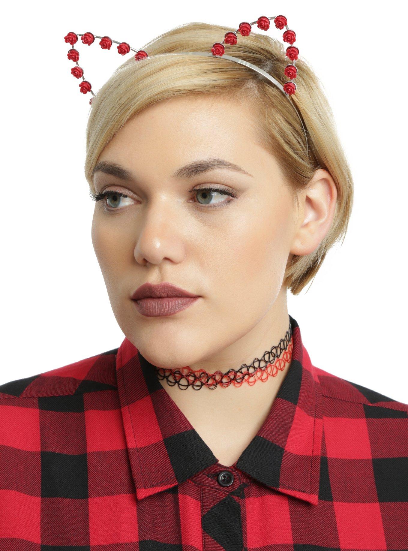 Red Rose Cat Ear Metal Headband, , hi-res