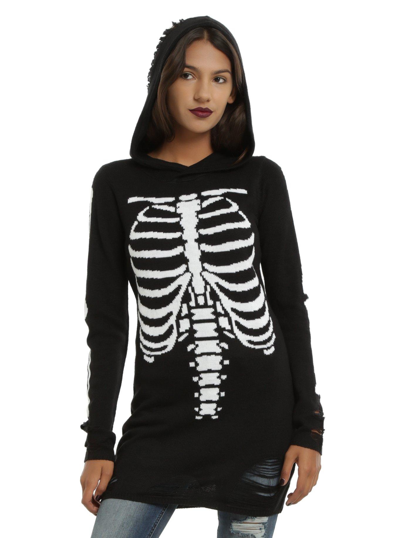 Rib Cage Destructed Girls Hooded Tunic Sweater, BLACK, hi-res