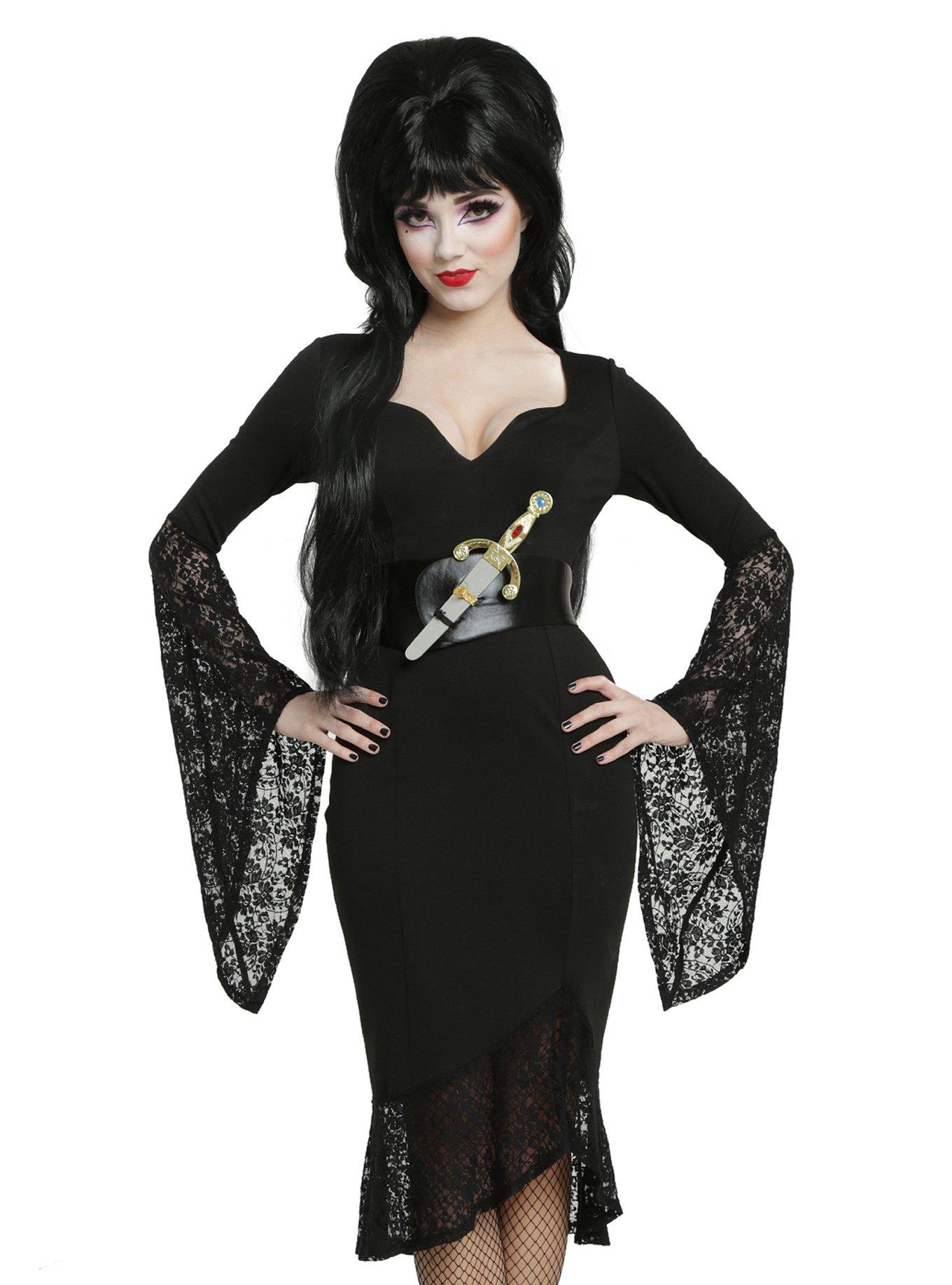 Deep V-Neck Lace Bell Sleeve Dress, BLACK, hi-res