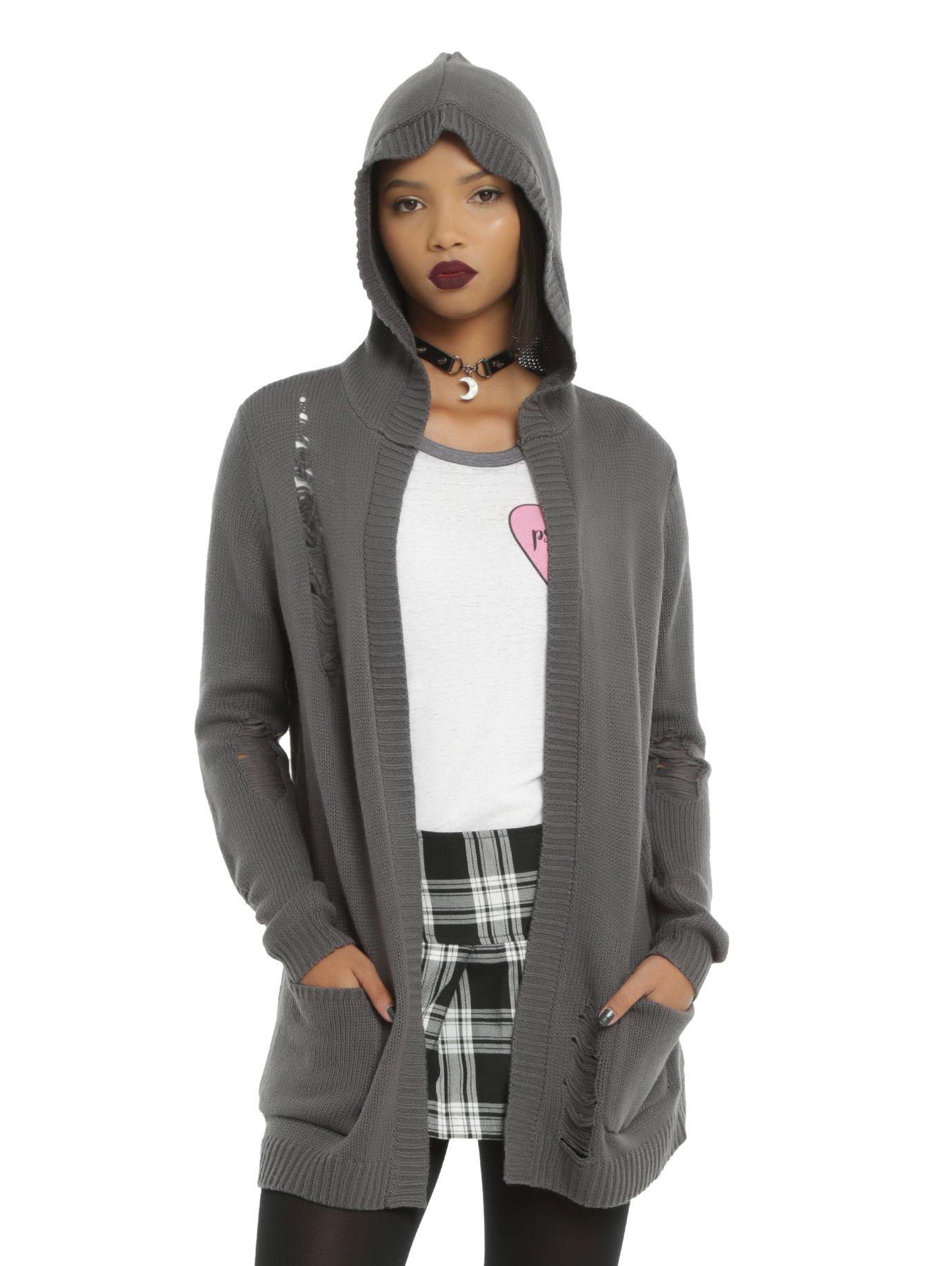 Grey Deconstructed Girls Flyaway Hooded Cardigan, BLACK, hi-res
