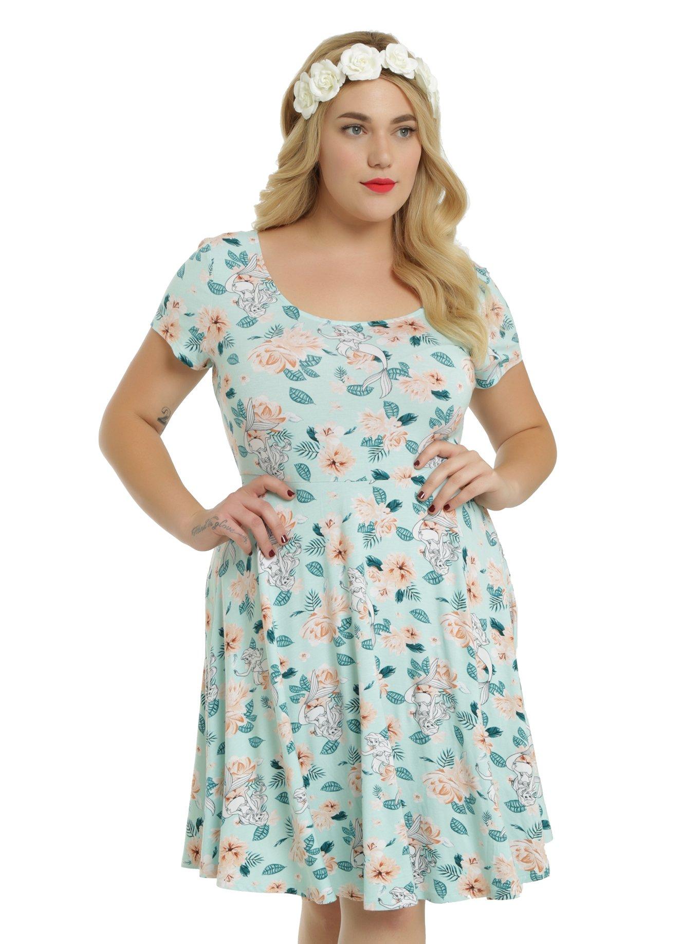 Disney The Little Mermaid Ariel Floral Dress Plus Size, TURQUOISE, hi-res