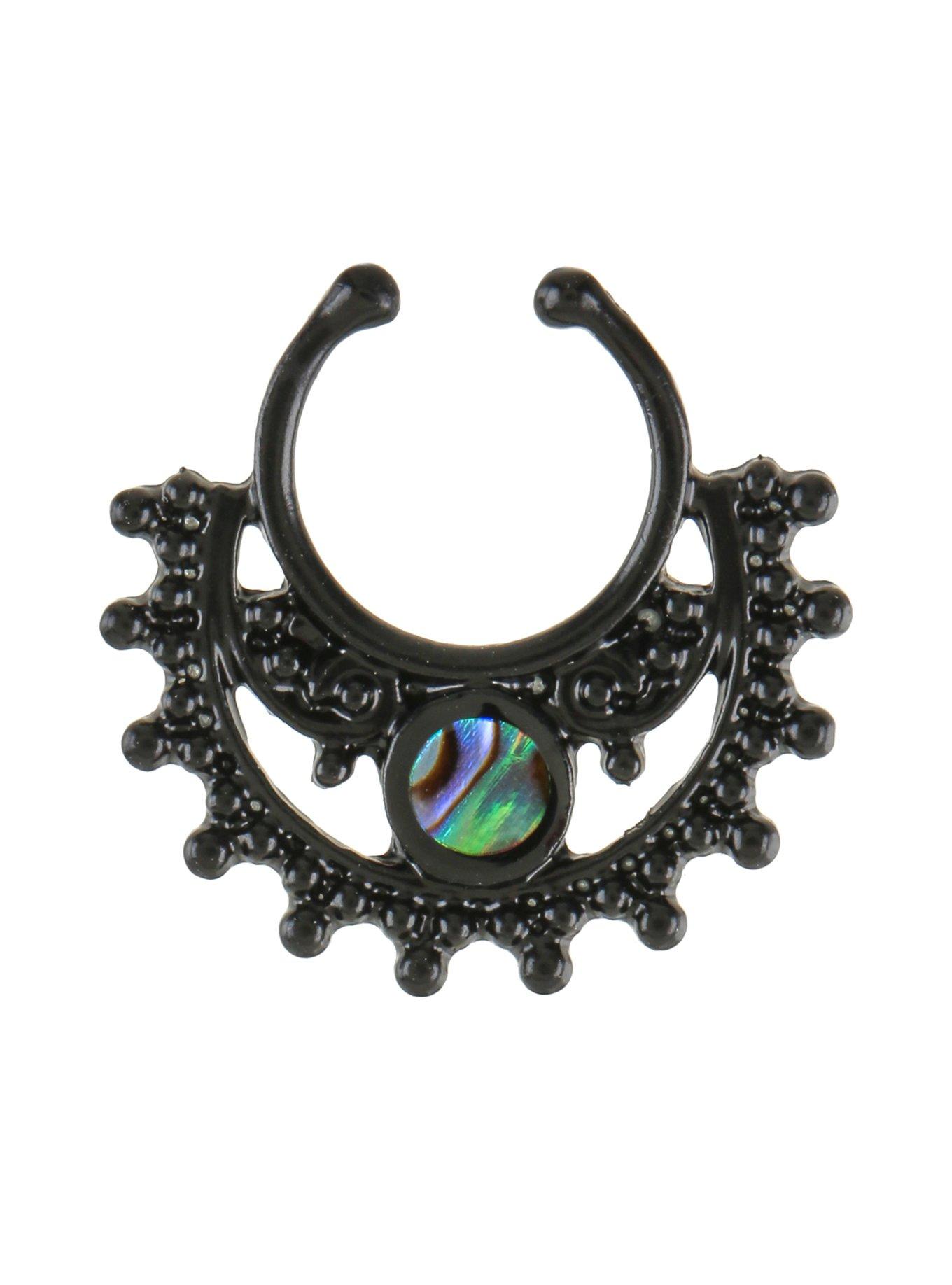 Blackheart Black Shell Filigree Faux Septum Ring, , hi-res