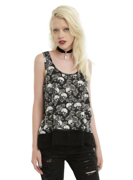 Black & White Skull & Roses Fishnet Panel Girls Tank Top | Hot Topic