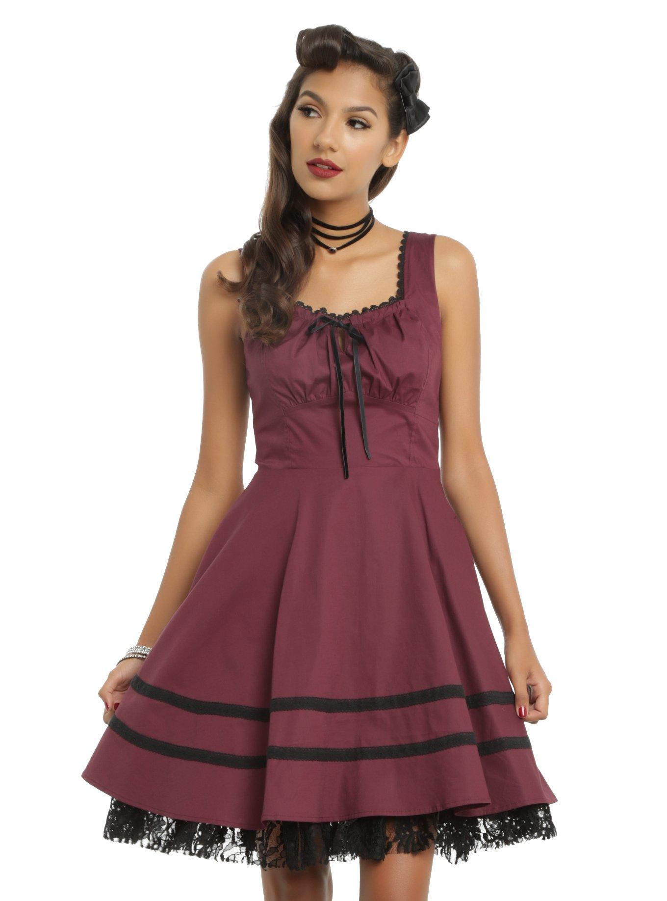 Burgundy & Black Fit & Flare Dress, BURGUNDY, hi-res