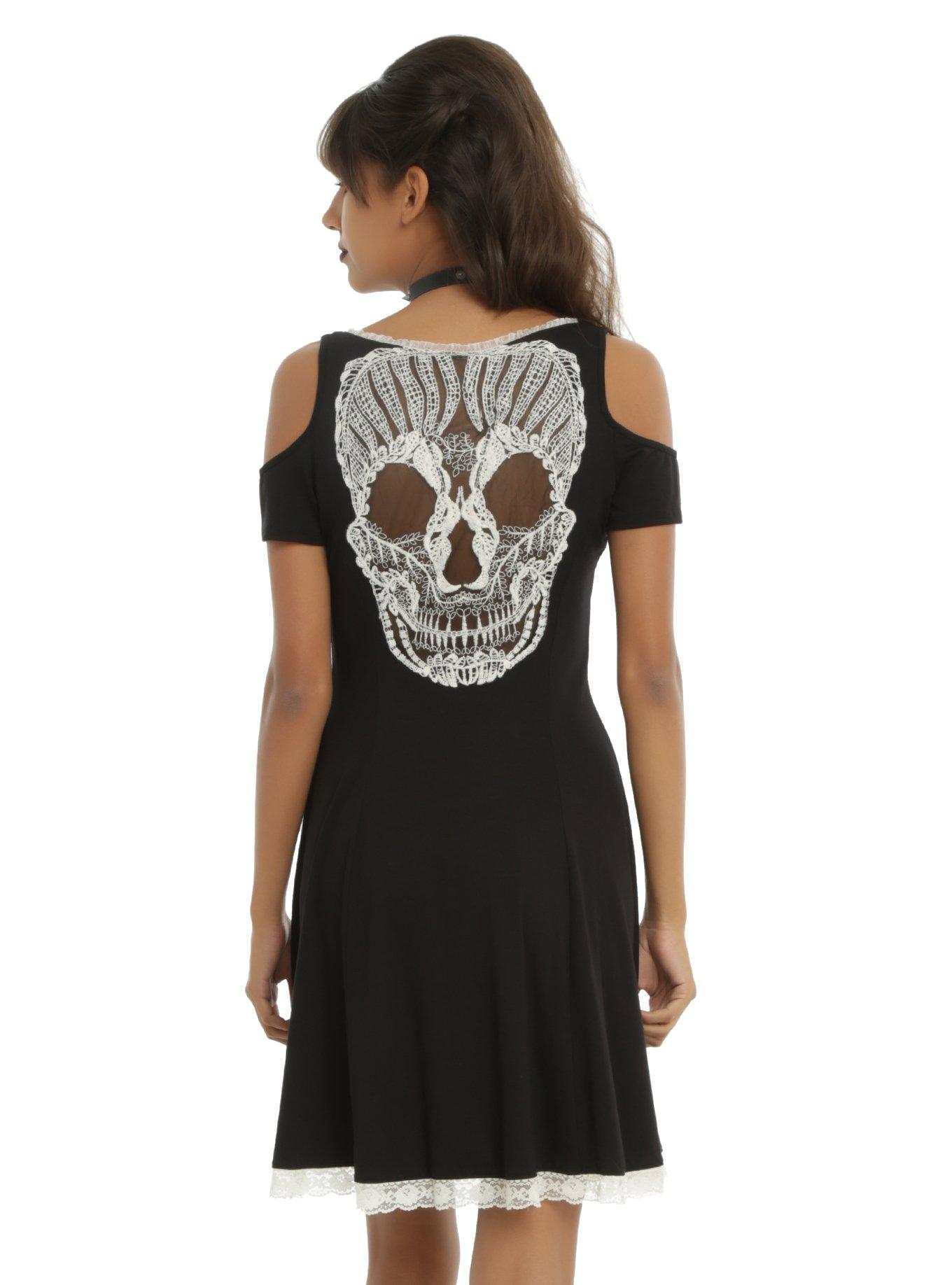 Black Skull Back Cold Shoulder Dress, BLACK, hi-res