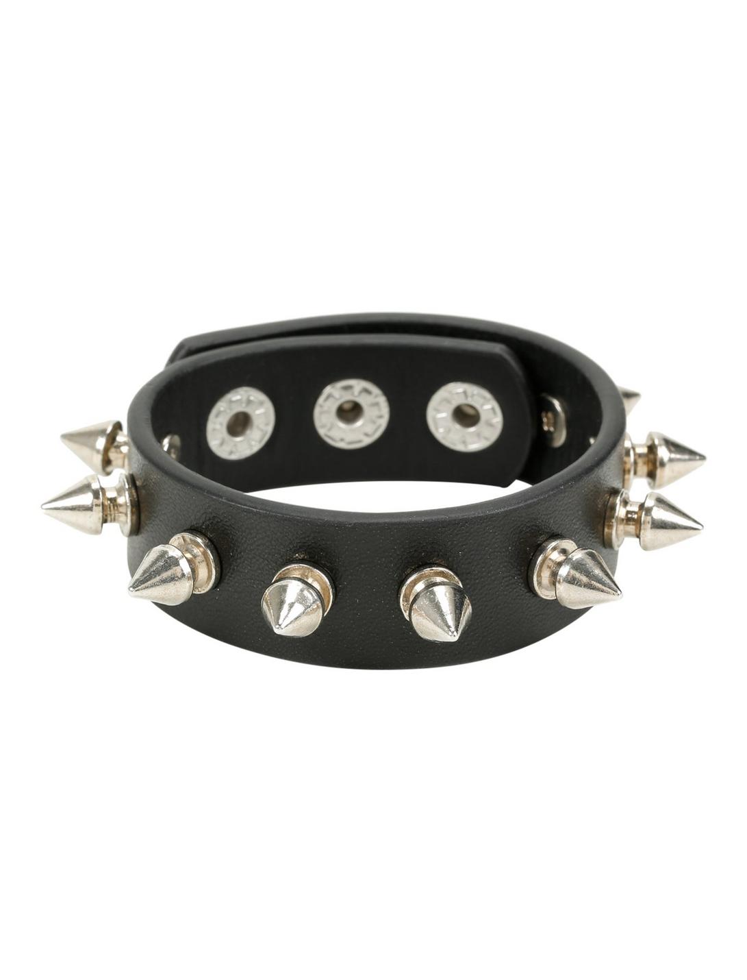 Single Row Black Faux Leather Spike Cuff, , hi-res