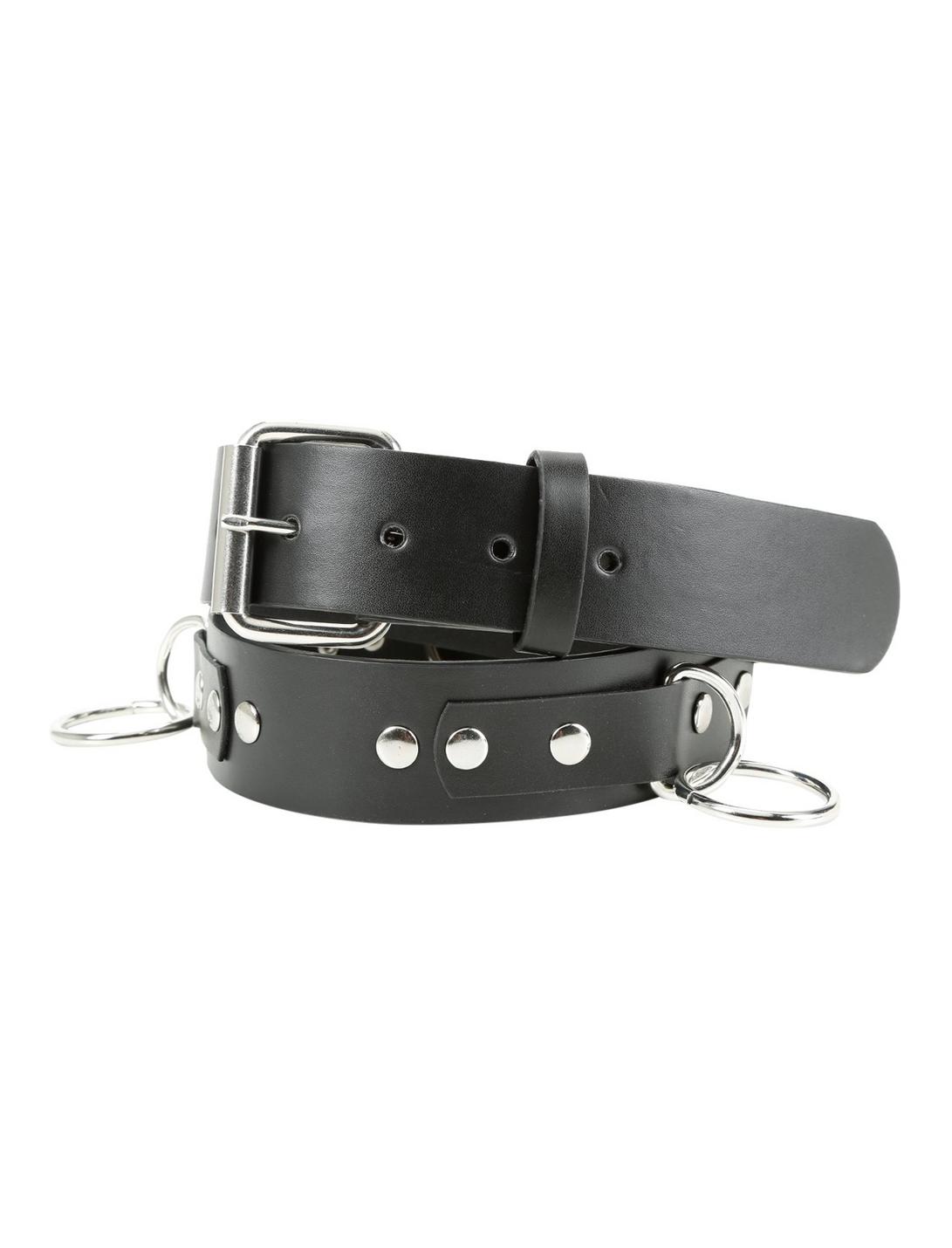 O-Ring Black Faux Leather Bondage Belt, BLACK, hi-res
