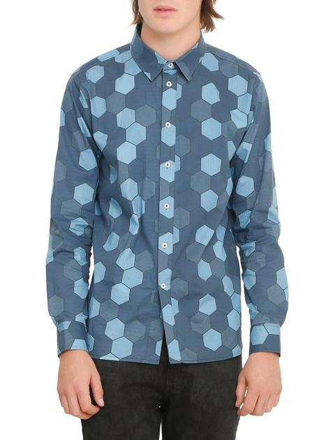blue hexagon dress shirt Perry Ellis Outlet Men's Hexagon Pop Print Camp Collar Shirt in Dark Sapphire-RT/blue, Size Large, Polyester/Elastane, Slim Short Sleeves