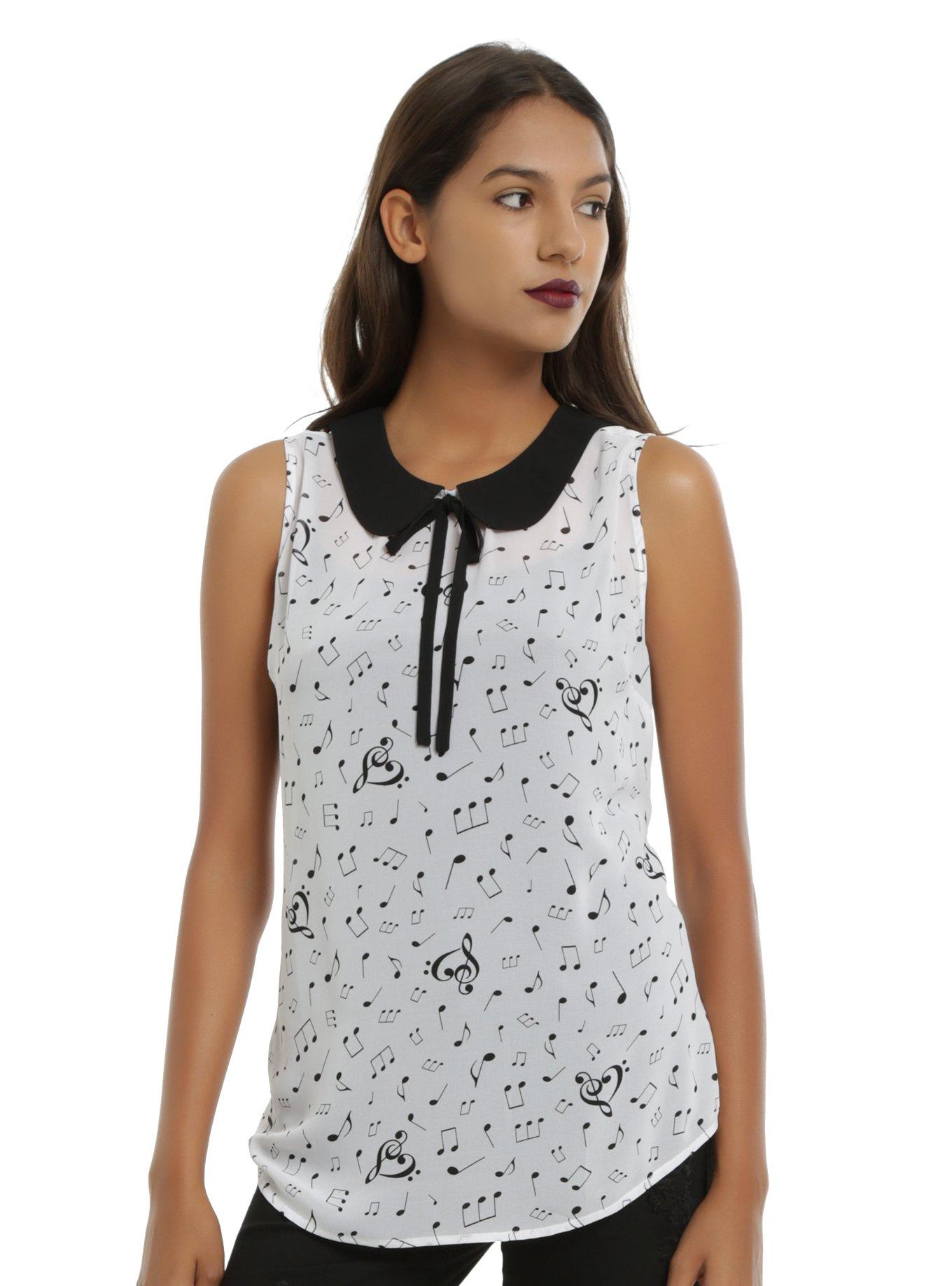 White & Black Music Note Girls Sleeveless Chiffon Top, BLACK, hi-res