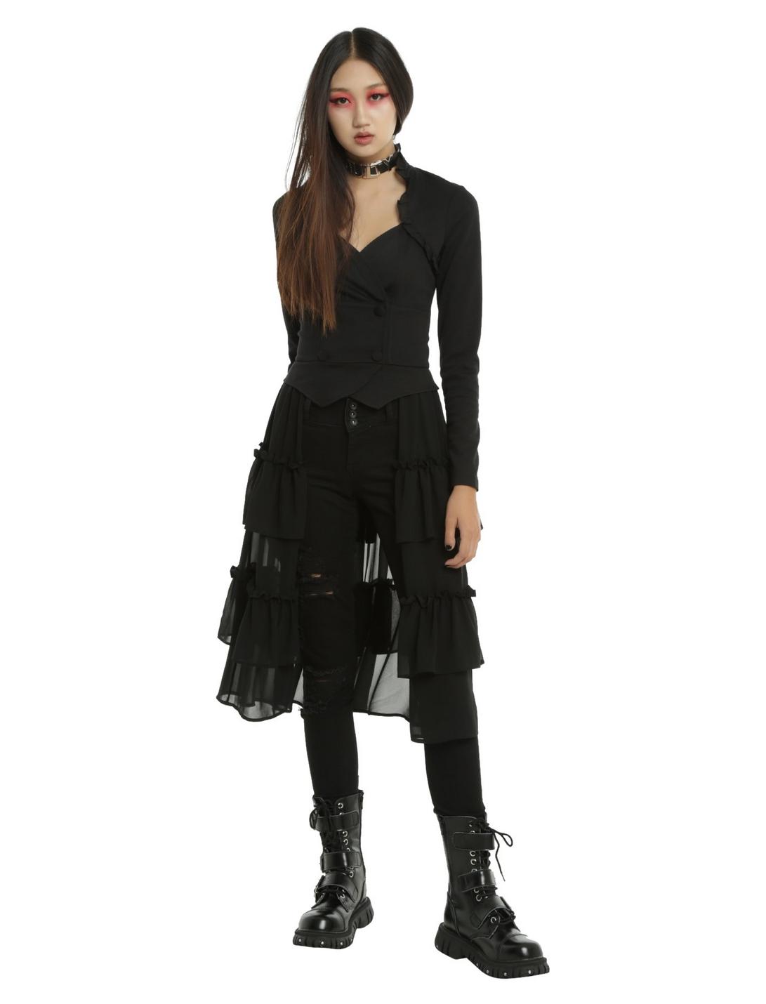 Black Sweetheart Double-Breasted Tiered Ruffle Jacket, BLACK, hi-res