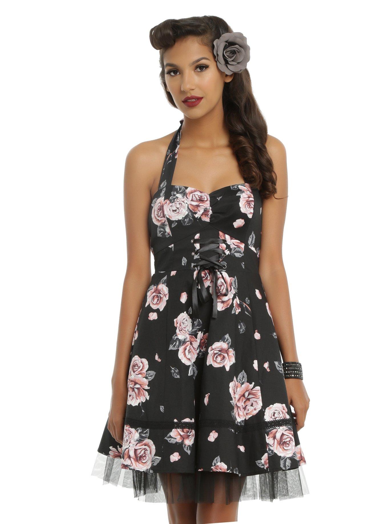 Black & Dusty Rose Halter Dress, BLACK FLORAL, hi-res