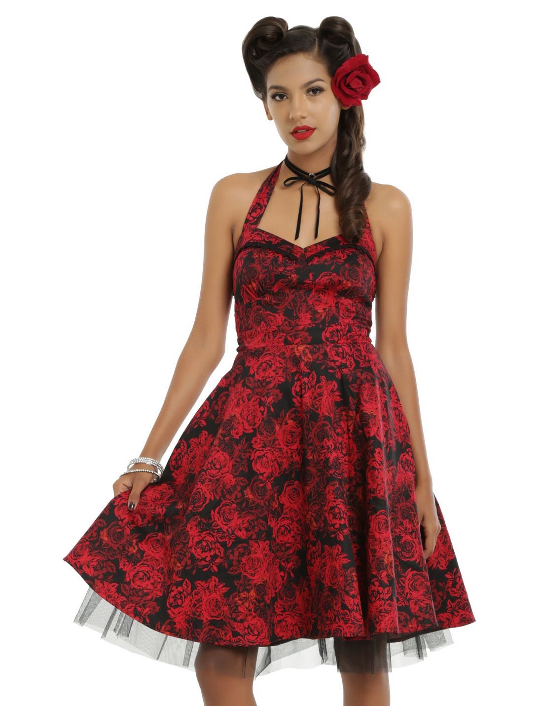 Red & Black Floral Halter Swing Dress, RED, hi-res