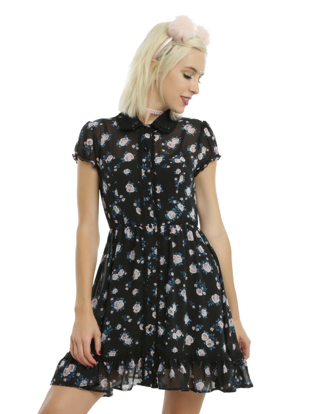 Floral Button-Down Chiffon Lace Collar Dress, BLACK, hi-res