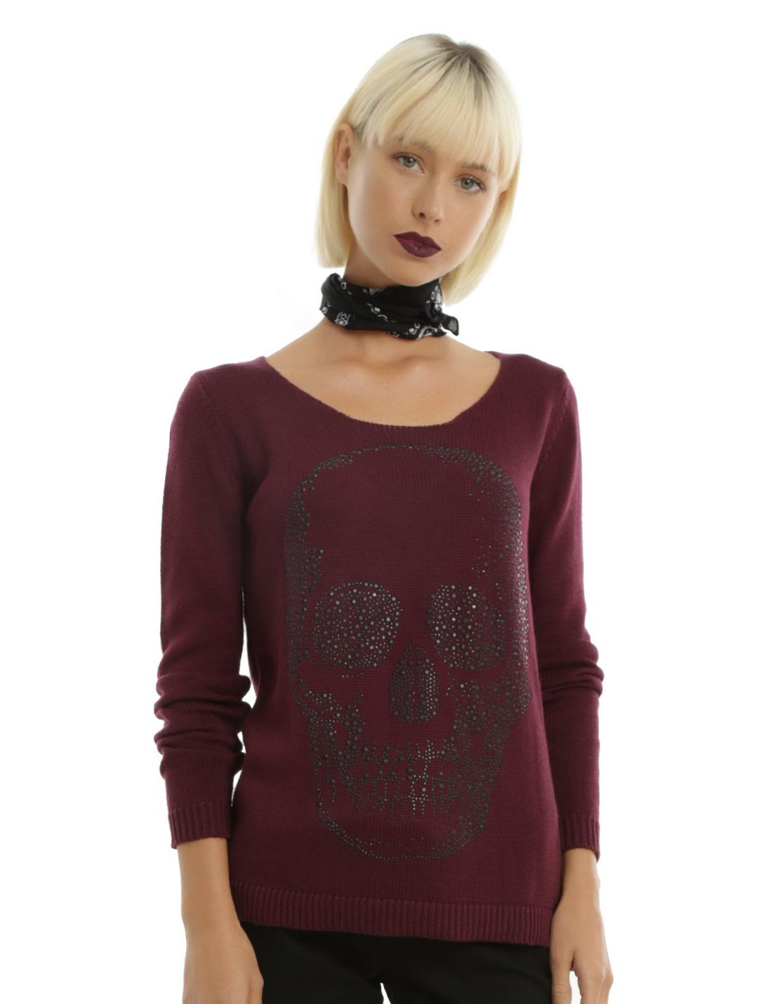 Hematite Bling Skull Maroon Crisscross Back Girls Sweater, BURGUNDY, hi-res