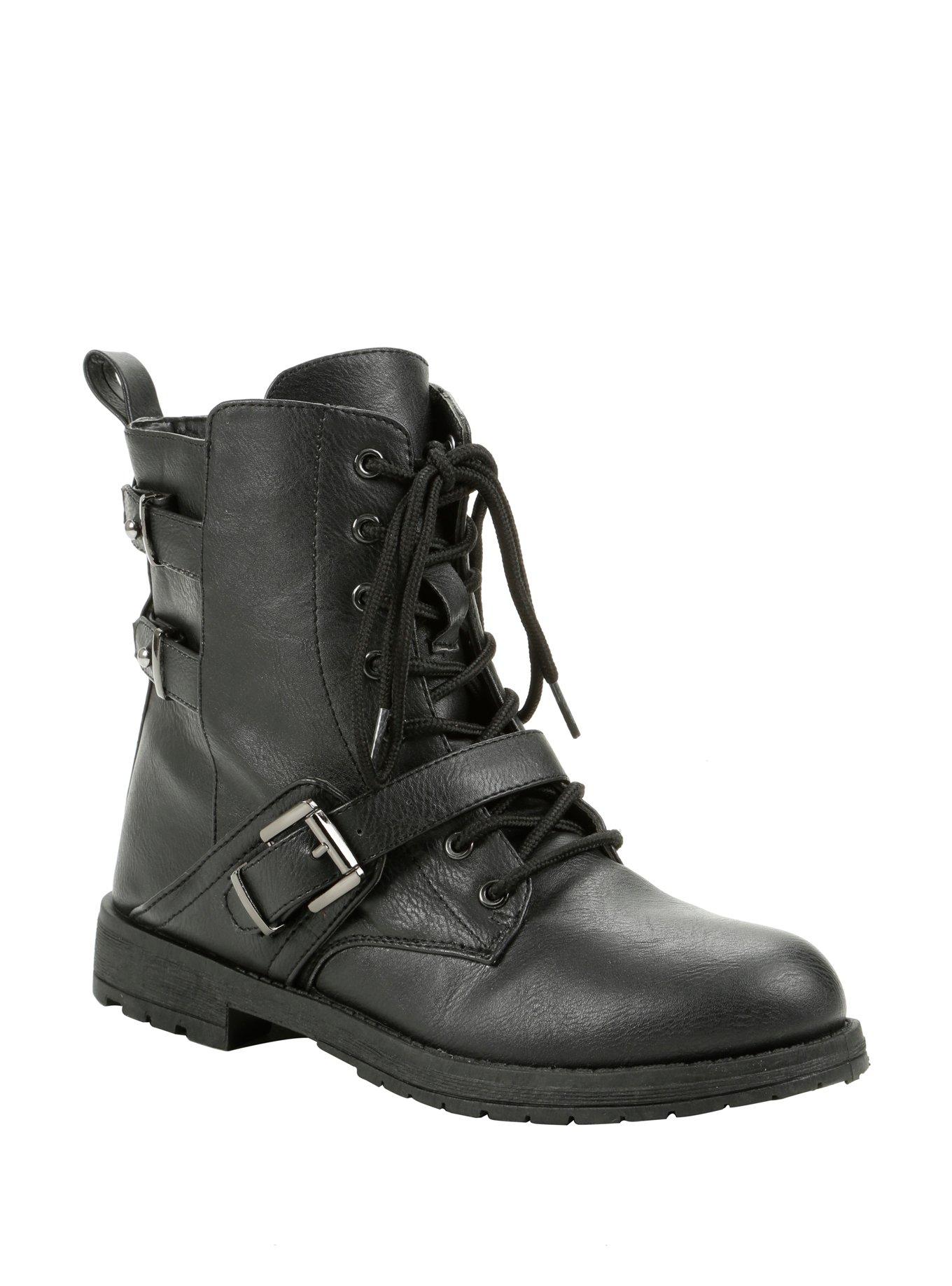 Black Single Buckle Low Combat Boots, BLACK, hi-res