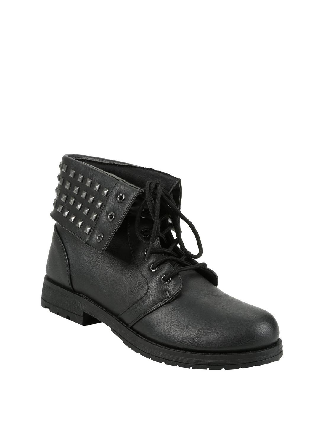 Black Studded Fold-Over Ankle Boots, BLACK, hi-res