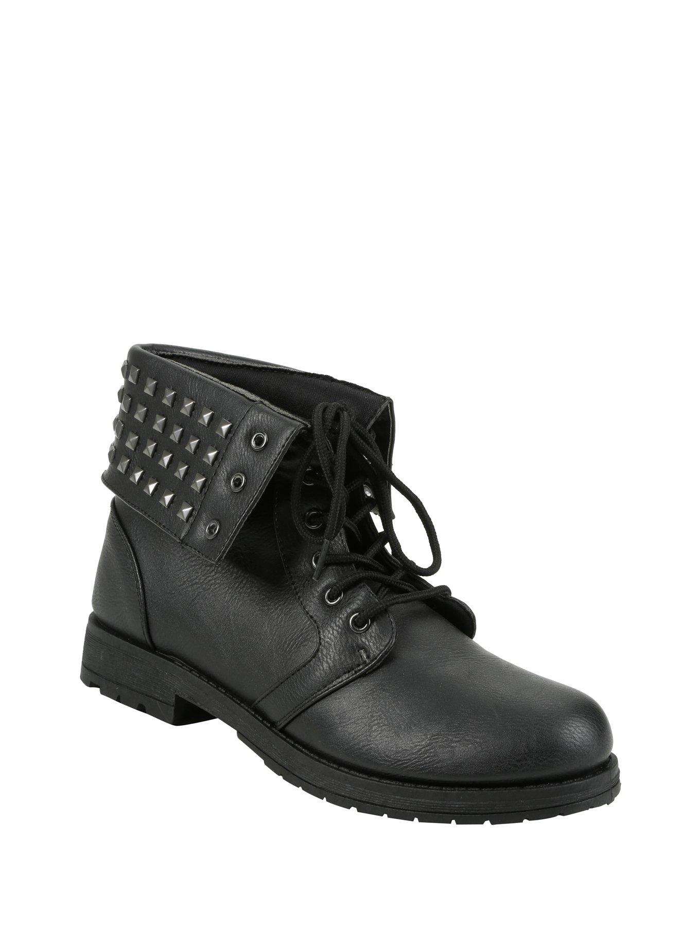 Black Studded Fold-Over Ankle Boots, BLACK, hi-res