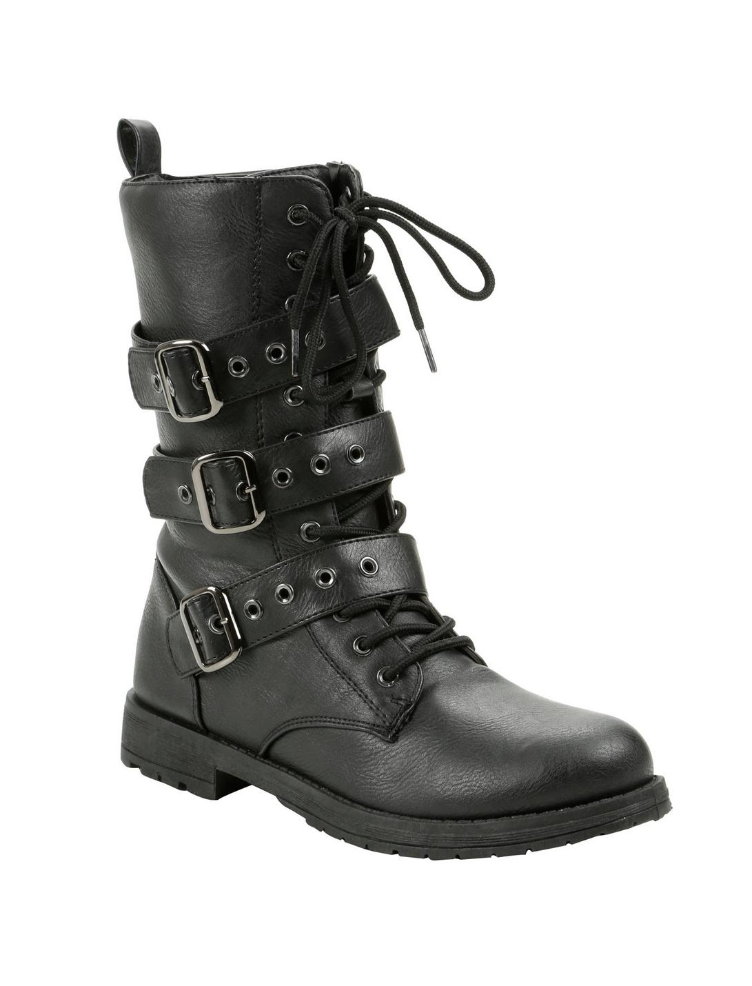 Black Triple Buckle Combat Boots, BLACK, hi-res