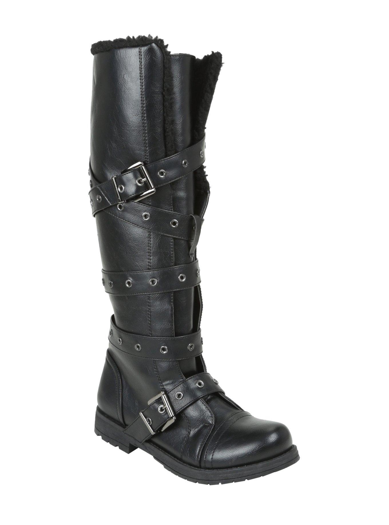 Black Sherpa Lined Knee-High Buckle Boots, BLACK, hi-res