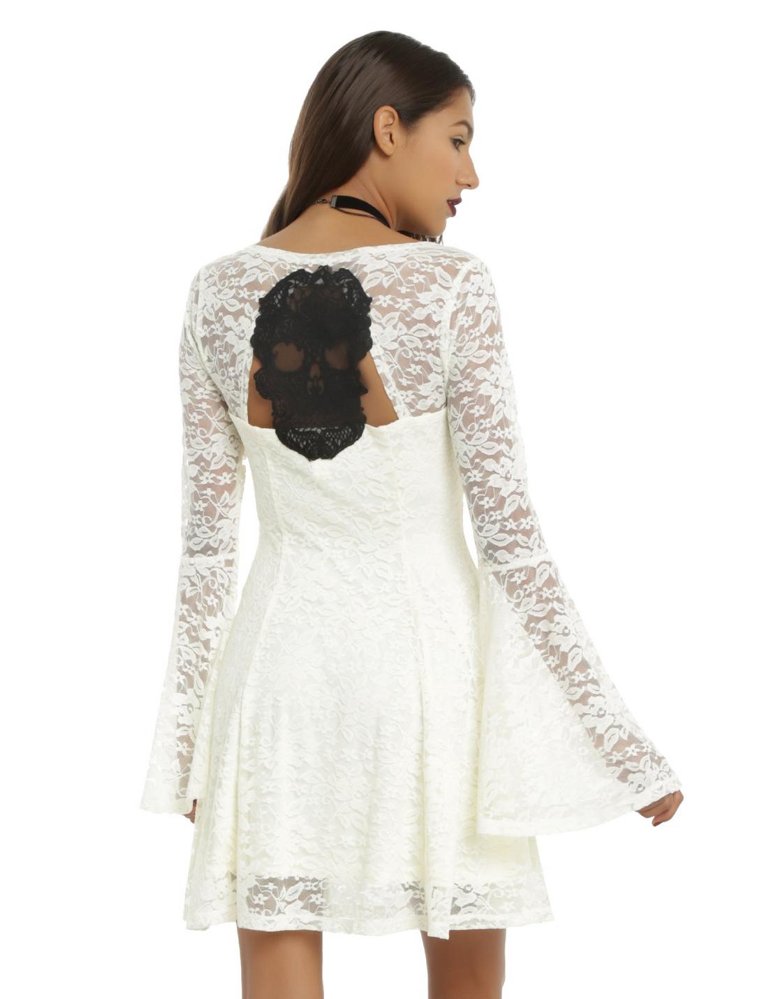 Ivory Lace Long Bell Sleeve Skater Dress, IVORY, hi-res