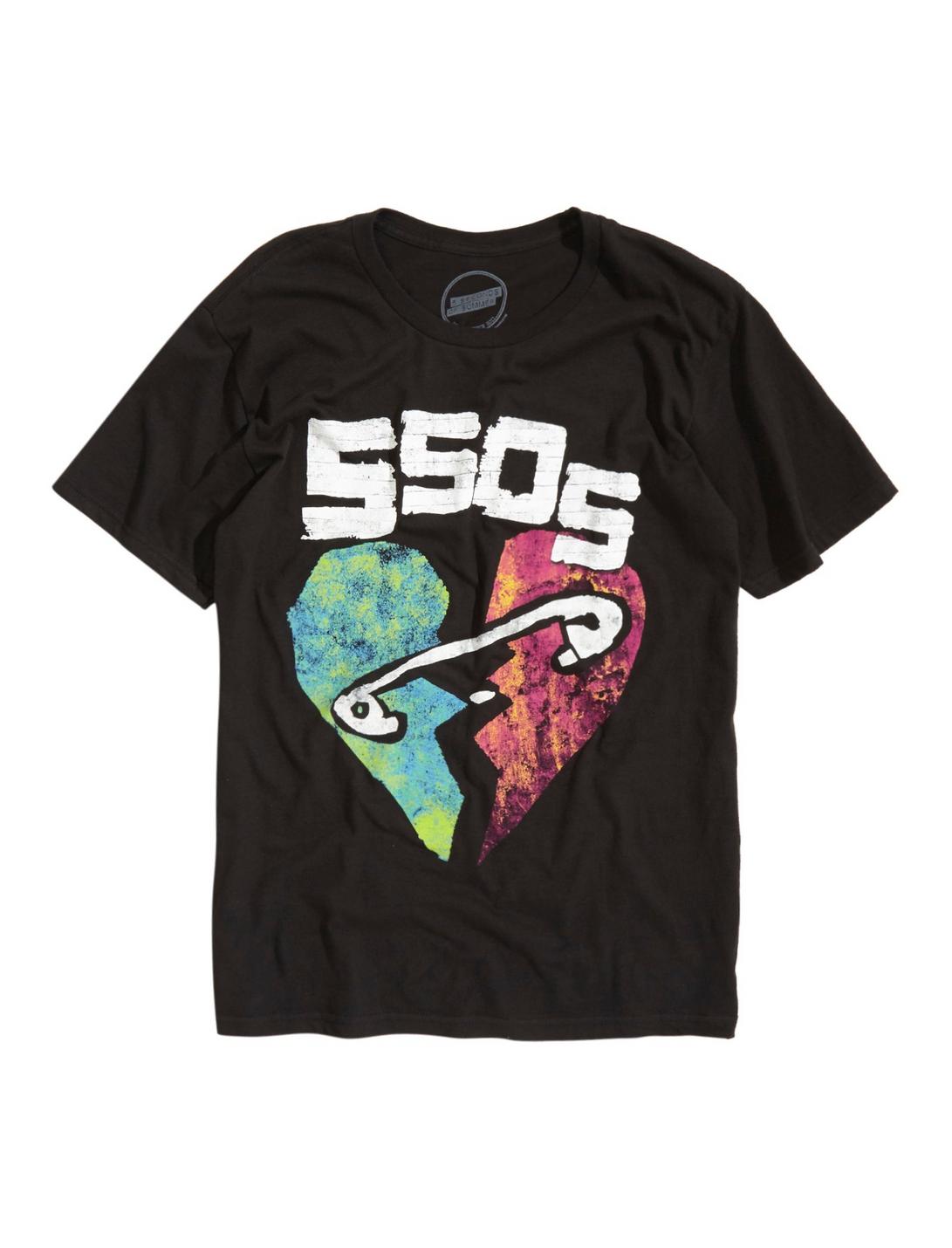 Five Seconds Of Summer Safety Pin Heart T-Shirt, BLACK, hi-res