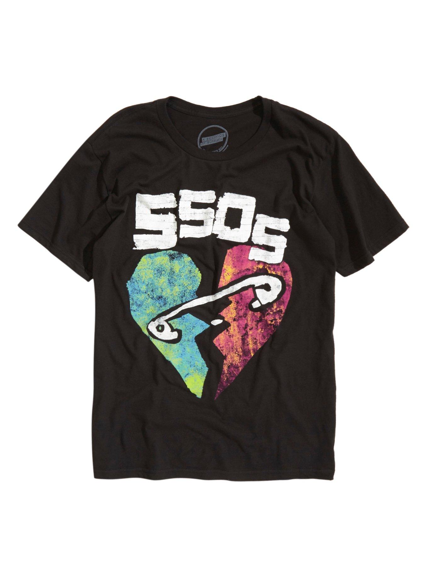Five Seconds Of Summer Safety Pin Heart T-Shirt, BLACK, hi-res