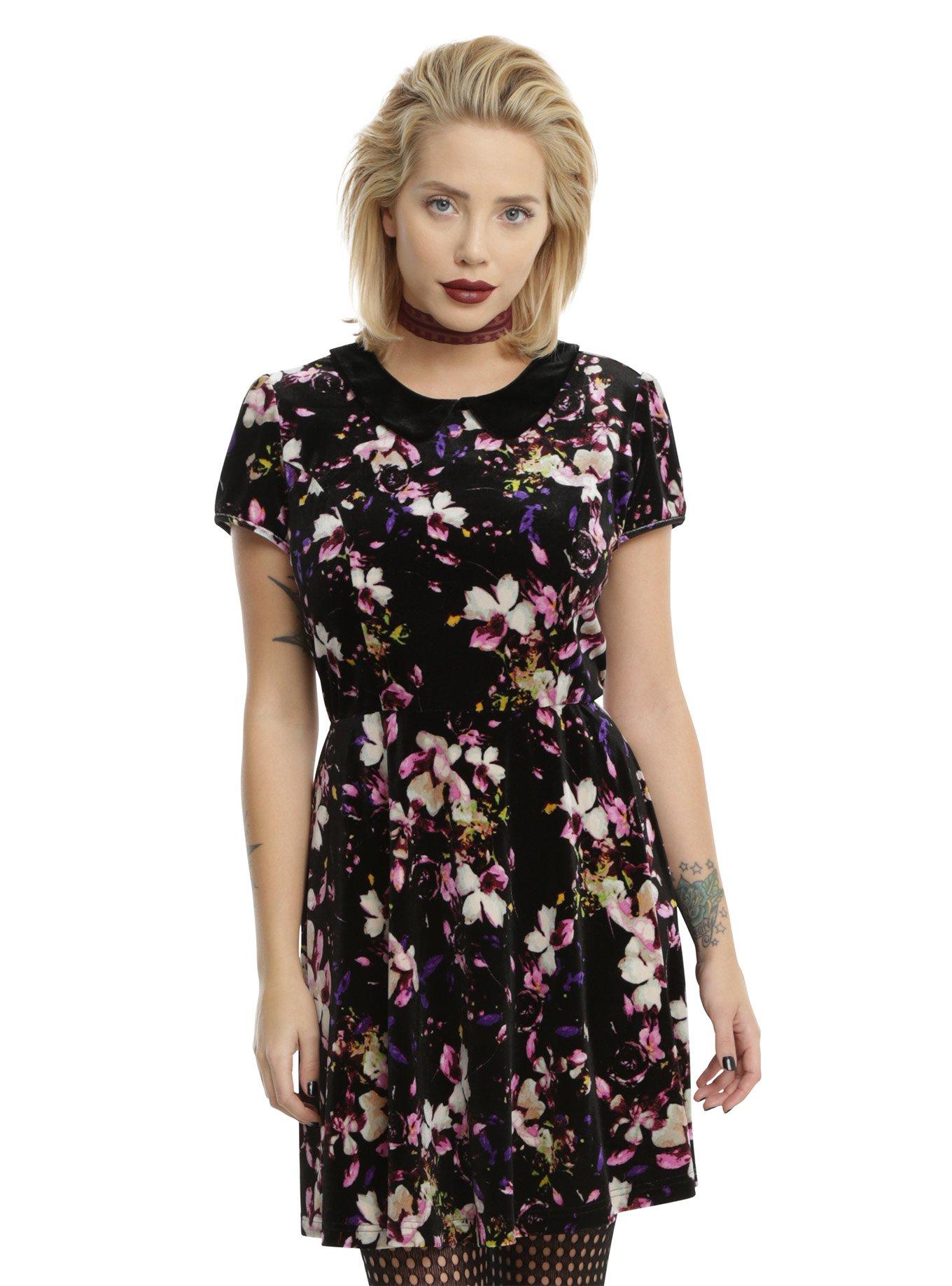 Black Floral Velvet Peter Pan Collar Skater Dress, BLACK FLORAL, hi-res