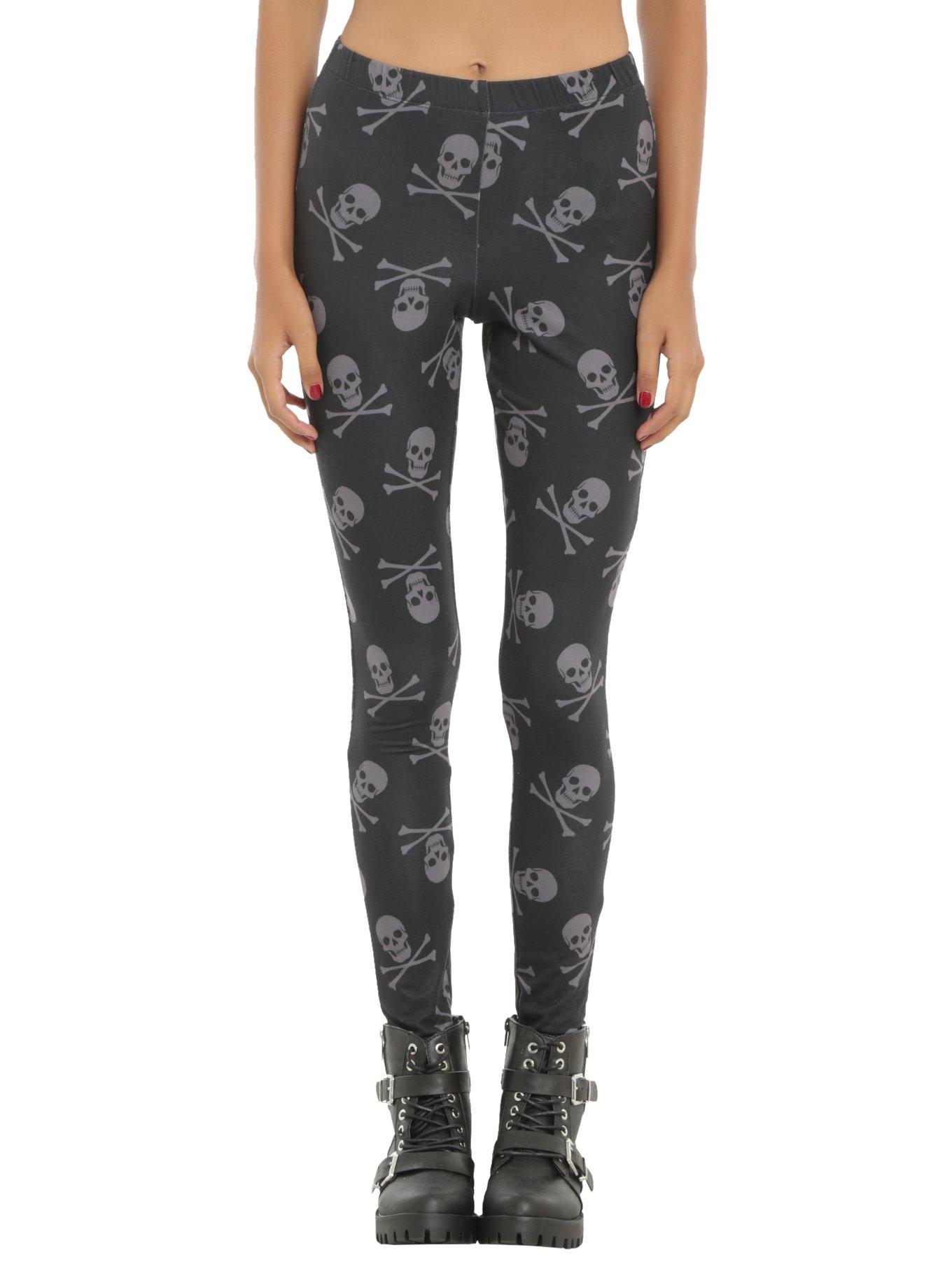 Blackheart Black & Grey Skull & Crossbones Leggings, BLACK, hi-res