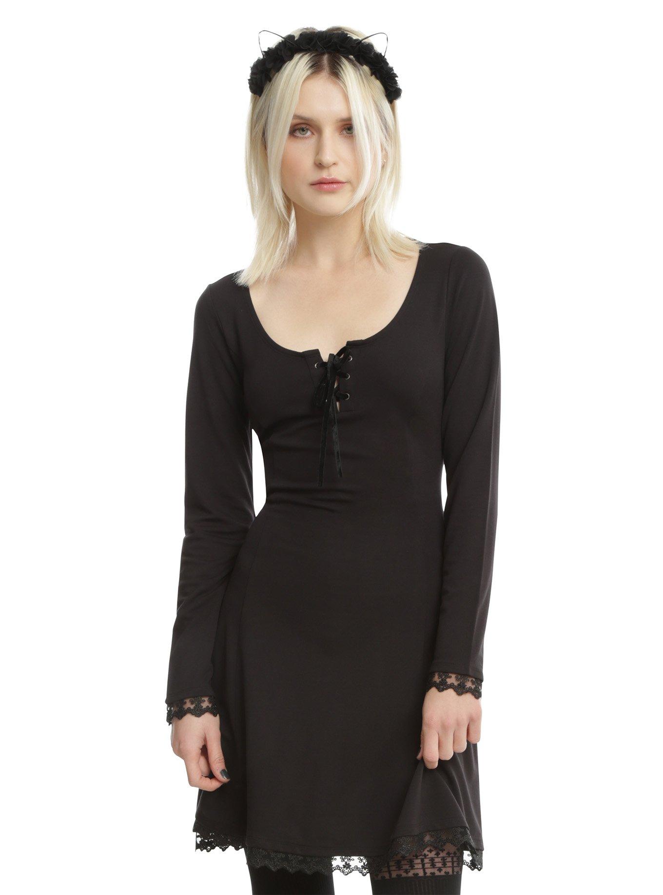 Black Lace-Up Back Long-Sleeve Dress, BLACK, hi-res