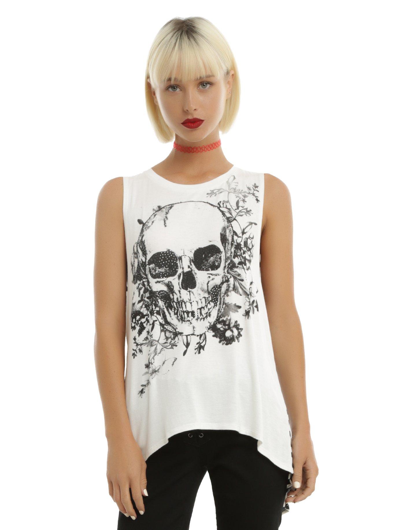 Ivory & Black Skull Front Striped Split Back Girls Tank Top, WHITE, hi-res