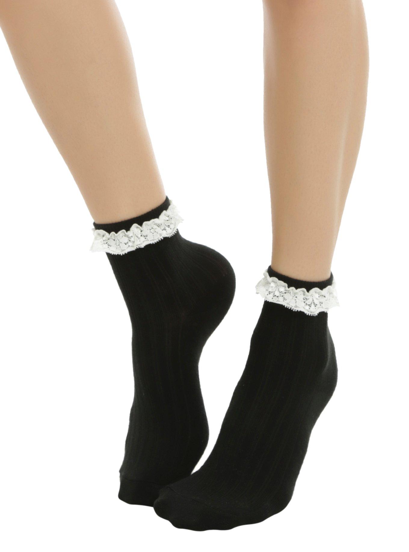 Blackheart White & Black Lace Detail Ankle Socks, , hi-res