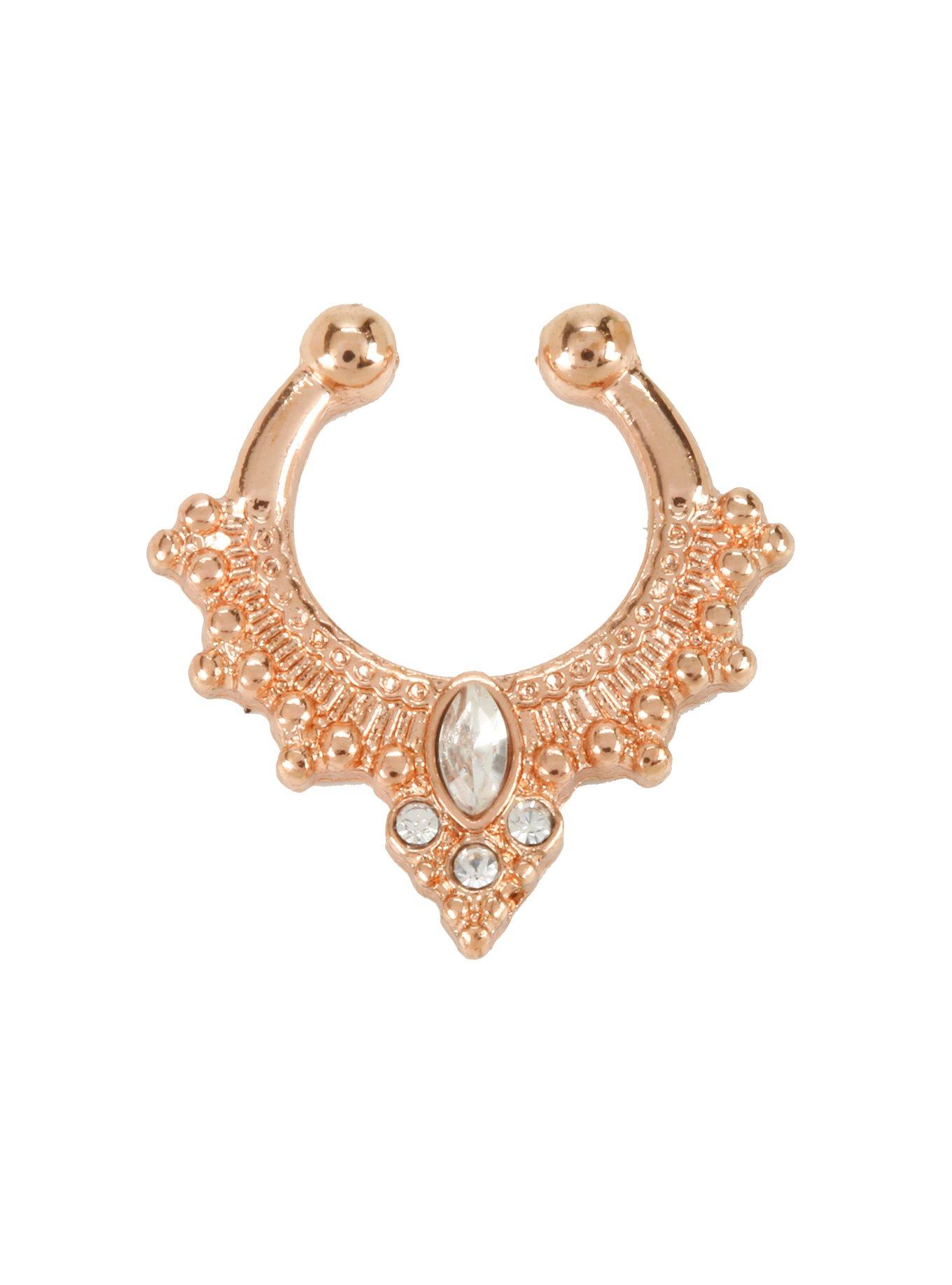 Blackheart Rose Gold CZ Accented Opulent Faux Septum Ring, , hi-res