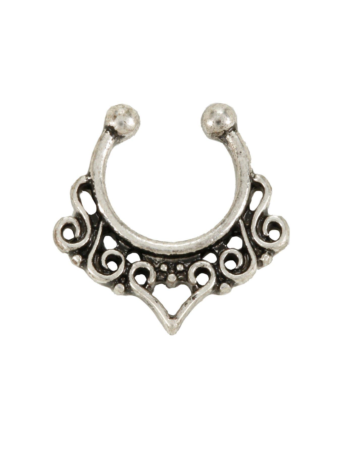 Blackheart Silver Swirl Filigree Faux Septum Ring, , hi-res