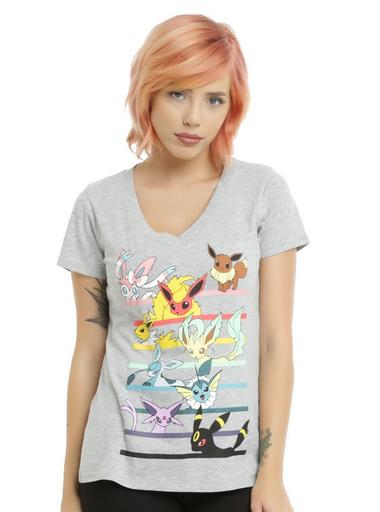 Mighty Fine Pokémon Eevee Evolutions Women's Gray V-Neck Graphic T